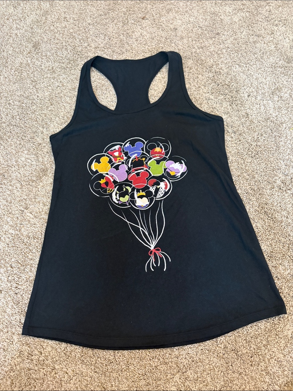 Black Racerback Tank Top with Colorful Balloon Graphic